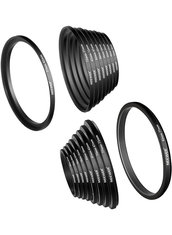 Neewer - Neewer 18 Pieces Metal Camera Lens Filter Adapter Ring Kit 9 Pieces Step Up Ring+9 Pieces Step Down Ring Set Compatible with Canon Nikon Sony Olympus DSLR Camera (Black) - Image 1