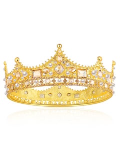 King Crown for Men and Women, Pearls and Crystal Prince Crown for Boy Round Royal Gold Crowns for Birthdays Wedding Party Prom Cosplay