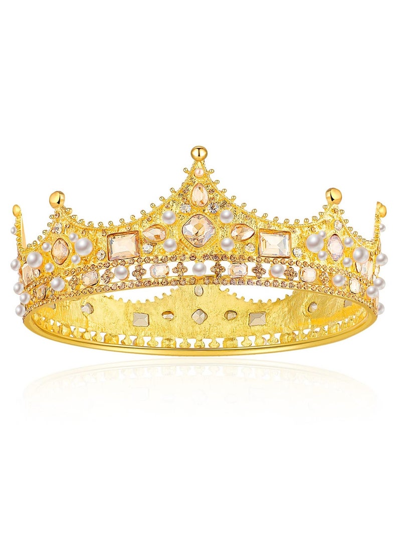 SYOSI - King Crown for Men and Women, Pearls and Crystal Prince Crown for Boy Round Royal Gold Crowns for Birthdays Wedding Party Prom Cosplay - Image 1