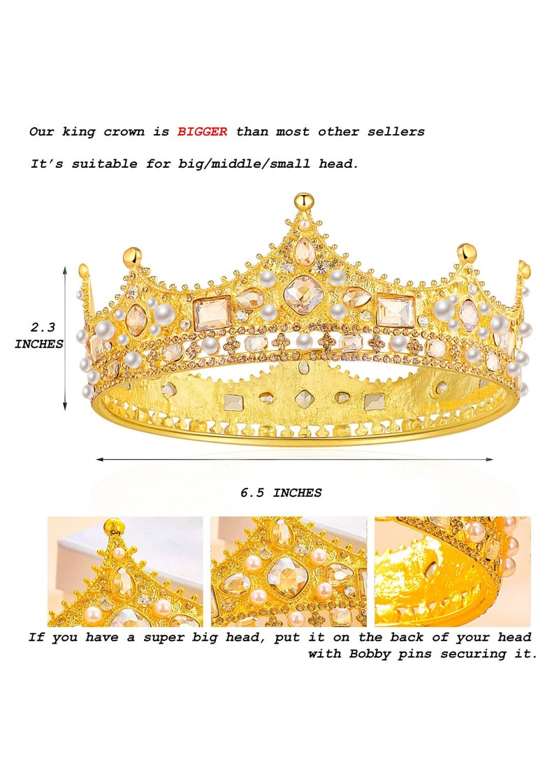SYOSI - King Crown for Men and Women, Pearls and Crystal Prince Crown for Boy Round Royal Gold Crowns for Birthdays Wedding Party Prom Cosplay - Image 1