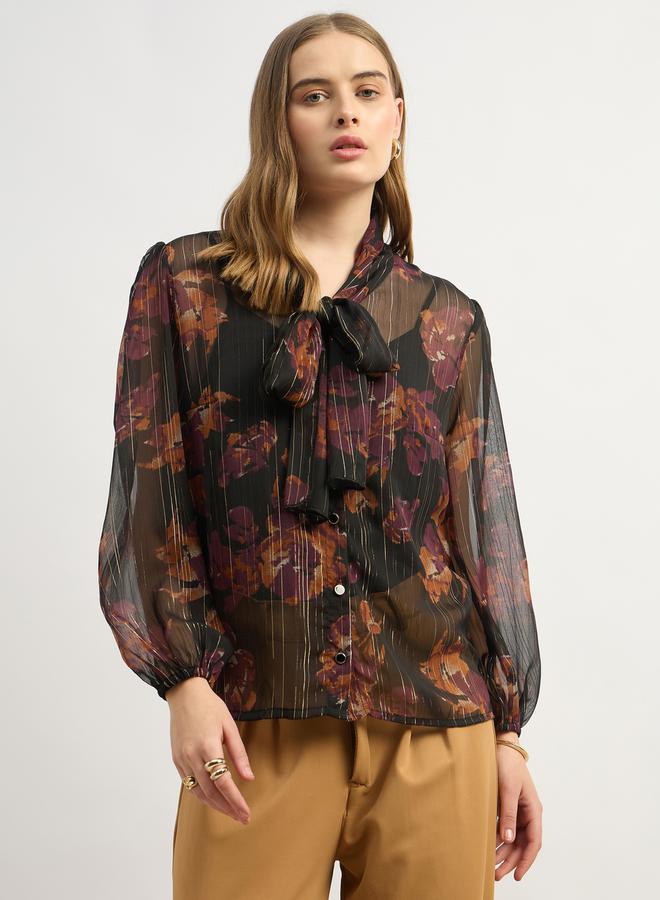 Styli Printed Balloon Sleeve Tie-Up Neck Blouse - Image 2
