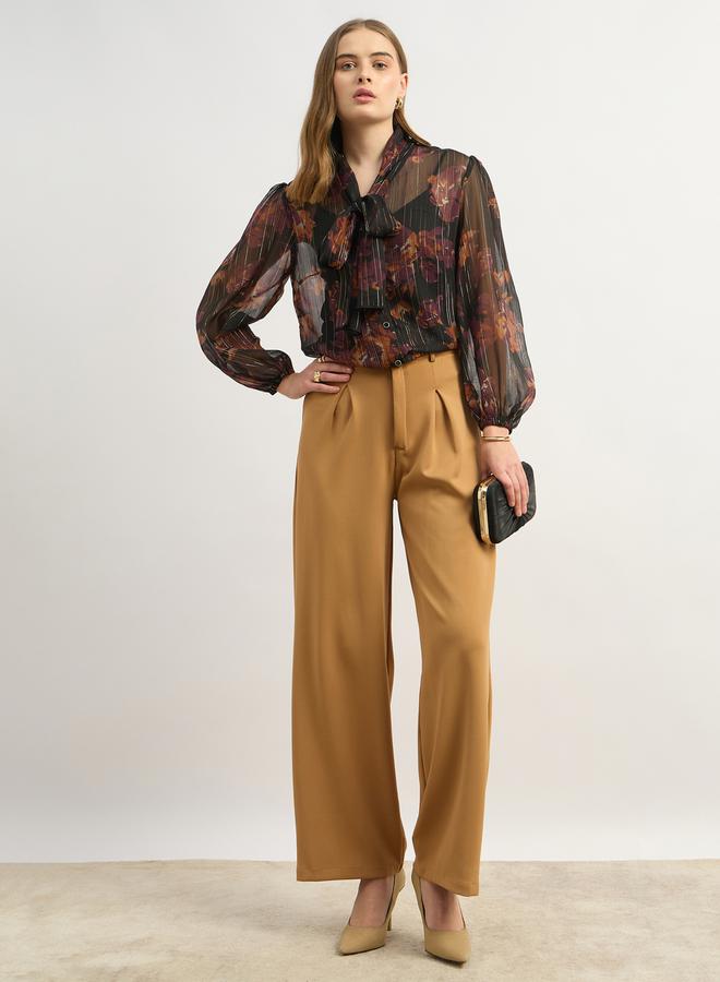 Styli Printed Balloon Sleeve Tie-Up Neck Blouse - Image 1
