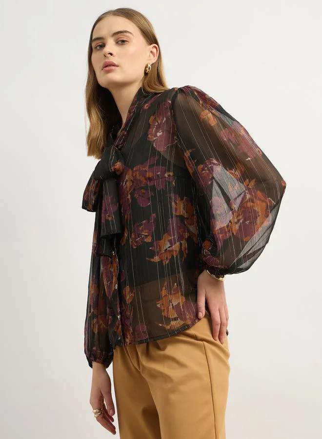Styli Styli Printed Balloon Sleeve Tie-Up Neck Blouse