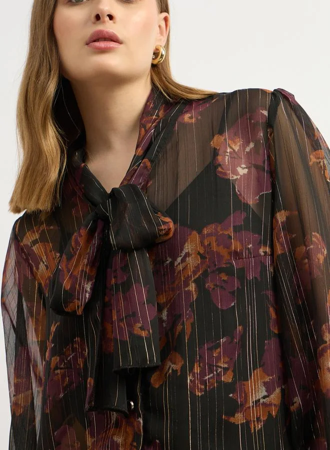 Styli Styli Printed Balloon Sleeve Tie-Up Neck Blouse