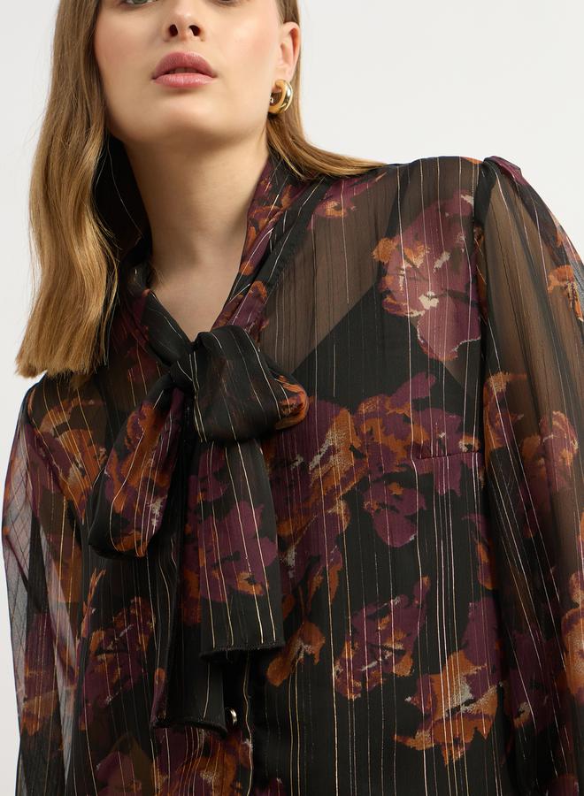 Styli Printed Balloon Sleeve Tie-Up Neck Blouse - Image 4