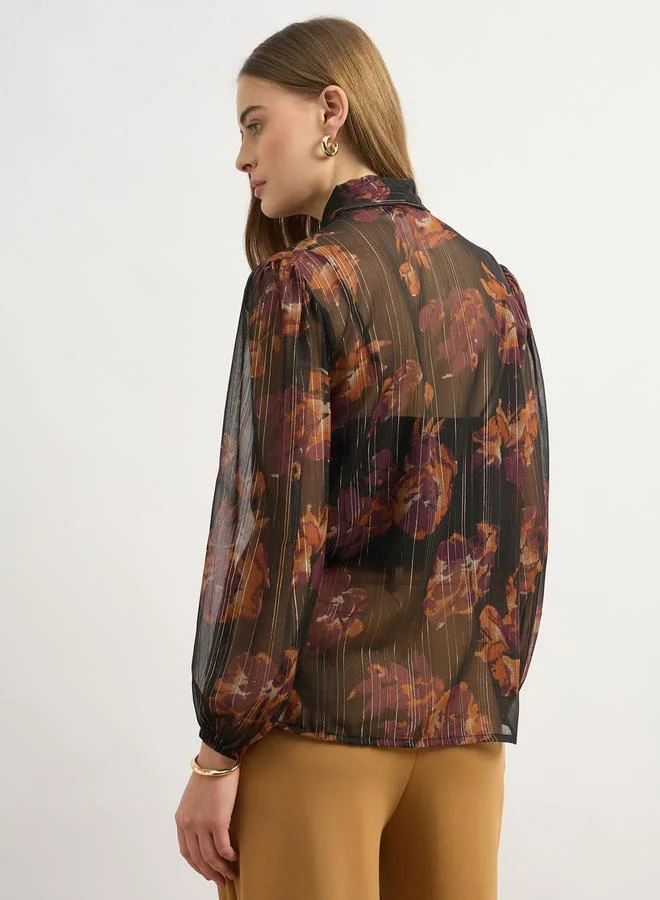 Styli Styli Printed Balloon Sleeve Tie-Up Neck Blouse