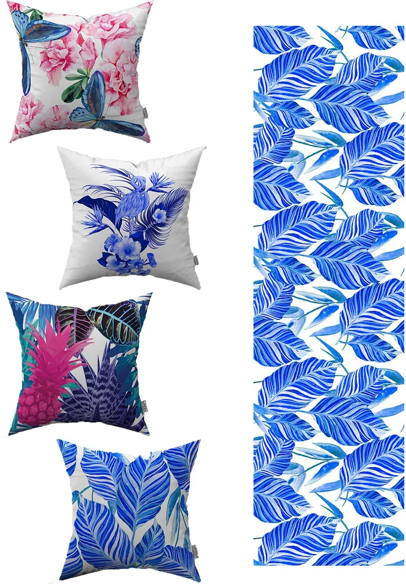 Cango Home Blue Pink Tropical Patterned 4-Piece Throw Pillow Case 1 Runner Set 4KMBS004-RS-02