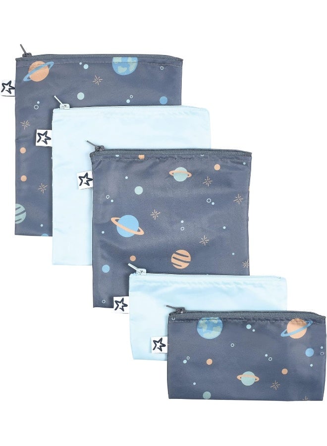 Tiny Twinkle 5 Pack Reusable Snack Bags - Machine Washable, PVC, BPA, Phthalate-Free Reusable Baby Food Lunch Bags (Space) - Image 1