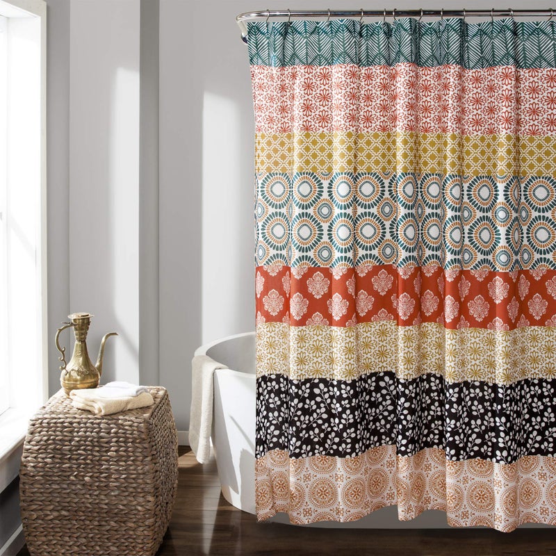 Lush Decor Bohemian Stripe Shower Curtain 72" W x 84" L Turquoise & Orange - Bathroom Curtain - Extra Long Shower Curtain - Boho Decor - Striped Shower Curtains - Image 1