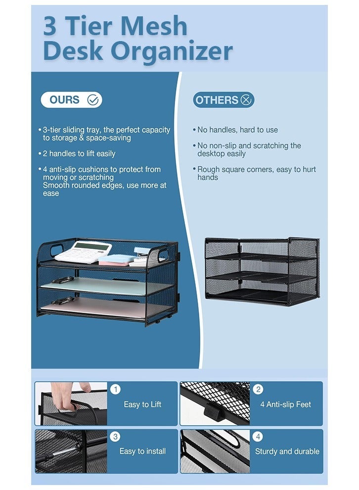 Beauenty Black 3 Tiers Organizer Mesh Desktop File Organizer Paper Sorter - Image 5