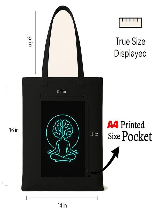 Megrok Cybernetic Brain Tote Bag for Women | Front A4 Size Printed Pocket | 16x14 Inch Futuristic Cotton Bag | Robotics Exhibition Statement - Image 3