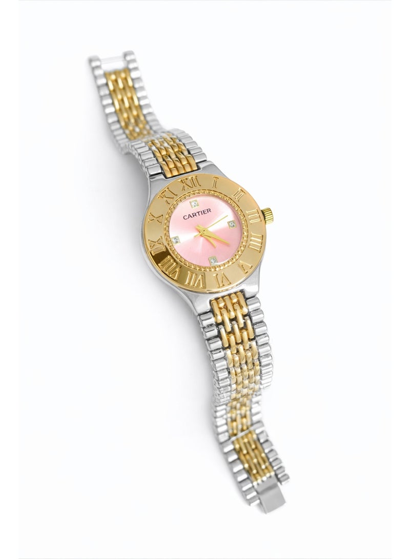 ساعة كارتييه حريمي ستانلس ستيل ثنائي اللون – مينا وردي بأرقام رومانية