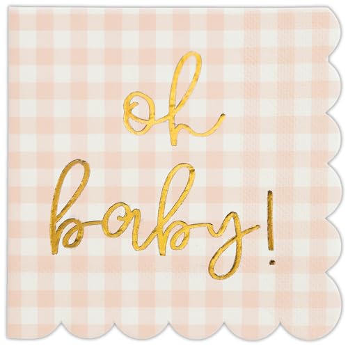 Cloverjoyed 'Oh Baby' Pink Baby Shower Decorations for Girls, Pink Plaid Oh Baby Napkins, Gingham Scalloped It's a Girl Decor, 1st Birthday, Welcome Home, Sprinkles, Pregnancy Announcement, 50 Pack - Image 1