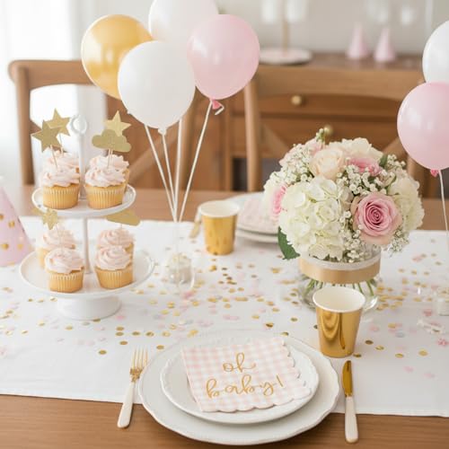 Cloverjoyed 'Oh Baby' Pink Baby Shower Decorations for Girls, Pink Plaid Oh Baby Napkins, Gingham Scalloped It's a Girl Decor, 1st Birthday, Welcome Home, Sprinkles, Pregnancy Announcement, 50 Pack - Image 4
