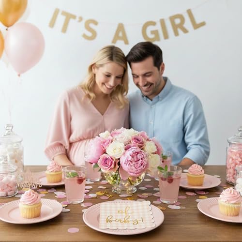 Cloverjoyed 'Oh Baby' Pink Baby Shower Decorations for Girls, Pink Plaid Oh Baby Napkins, Gingham Scalloped It's a Girl Decor, 1st Birthday, Welcome Home, Sprinkles, Pregnancy Announcement, 50 Pack - Image 2