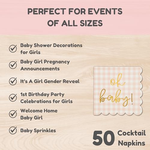 Cloverjoyed 'Oh Baby' Pink Baby Shower Decorations for Girls, Pink Plaid Oh Baby Napkins, Gingham Scalloped It's a Girl Decor, 1st Birthday, Welcome Home, Sprinkles, Pregnancy Announcement, 50 Pack - Image 5