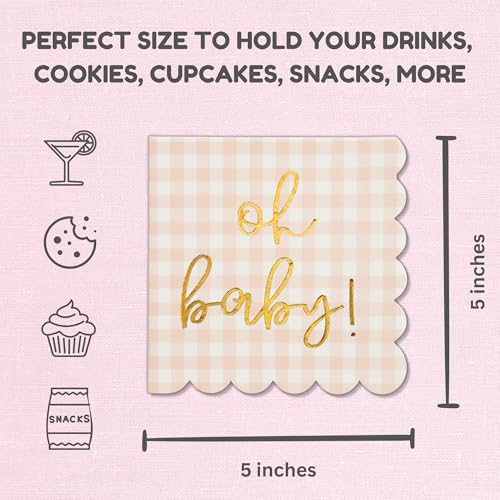 Cloverjoyed 'Oh Baby' Pink Baby Shower Decorations for Girls, Pink Plaid Oh Baby Napkins, Gingham Scalloped It's a Girl Decor, 1st Birthday, Welcome Home, Sprinkles, Pregnancy Announcement, 50 Pack - Image 3