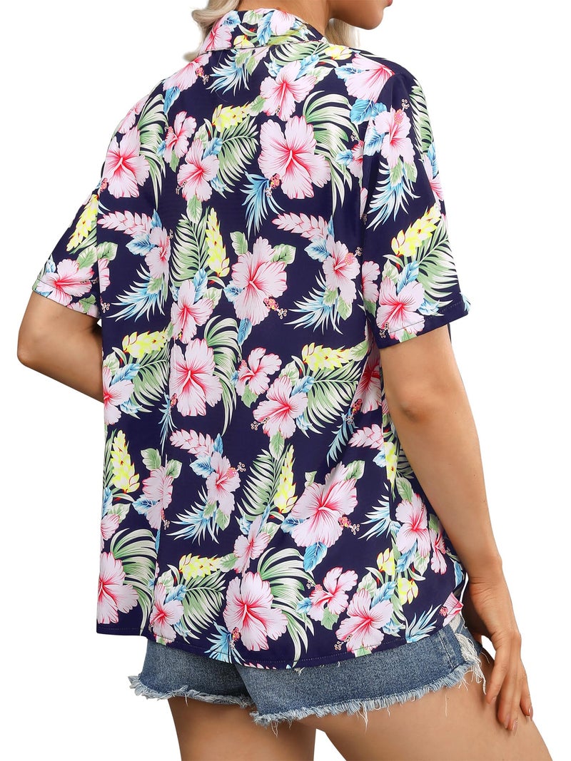 ZXZY Women Summer Hawaii Shirts Soft Cool Floral Tropic Print Short Sleeve Button Up Tops T-Shirt Blue - Image 5