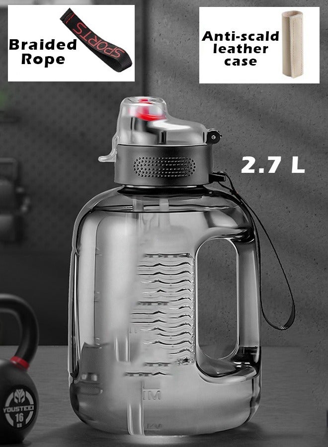 ZCM-HAPPY Large Capacity Fitness Sports Water Bottle with Tea Compartment, Straw, Scale and Handle, Includes Free Leather Case and Carrying Rope 2.7 Litter - Image 1