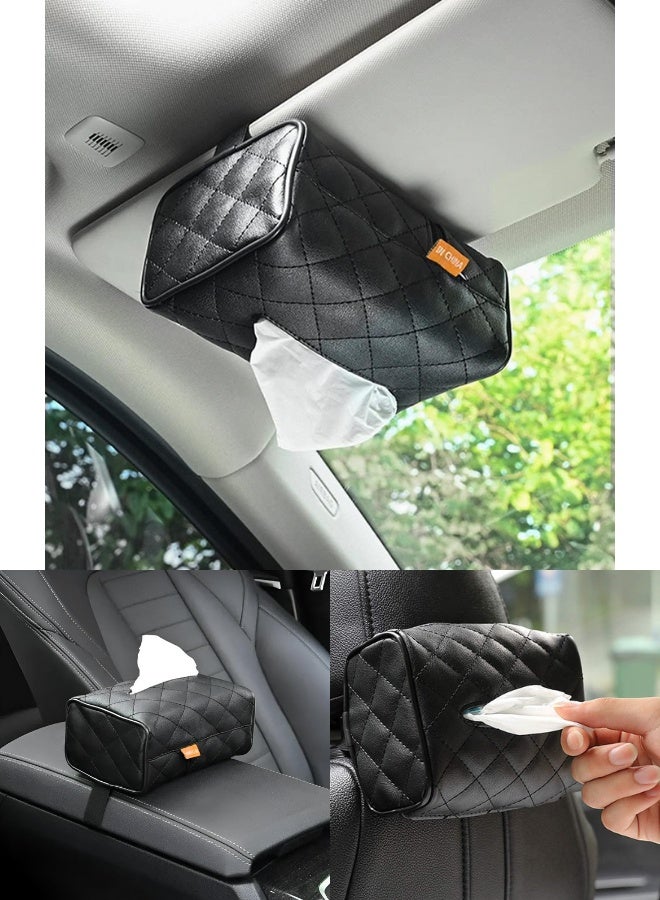 منظم مناديل سيارة فاخر من جلد البولي يوريثان (PU) بملمس المايكروفايبر – حامل مناديل خلفي قابل للتعليق على مسند الرأس وحاجب الشمس – صندوق مناديل كبير السعة 17x11x7 سم بتصميم مبطّن بالماس (أسود) – موزع مناديل ورقية ومبللة أنيق ومتعدد الاستخدامات لداخلية السيارة. - Image 1