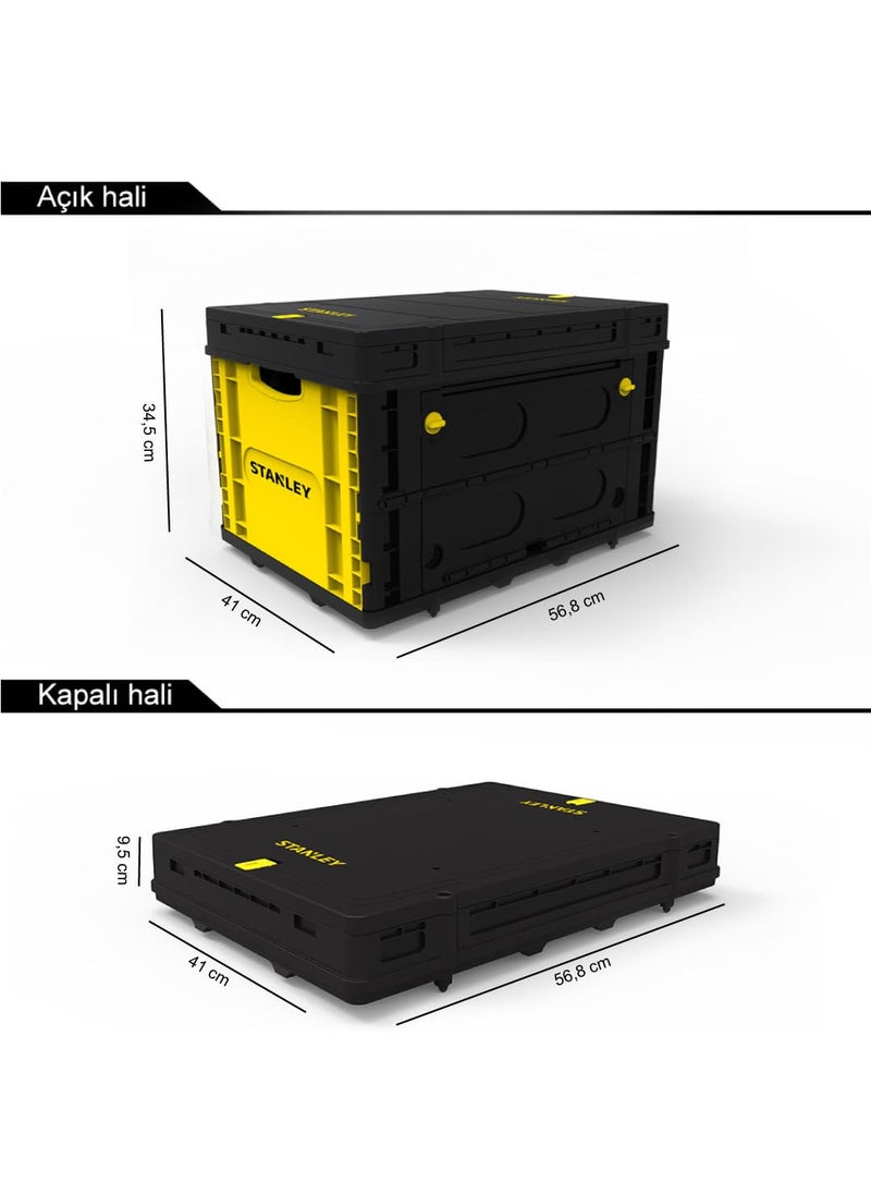 Stanley - Stanley SXWT-FB533L-SP Folding Utility Basket,25kg Load Capacity, ABS Lid,Retractable Placement Pins for Easy & Stable Double or Triple Stacking, Open Dimn: 56.9x41x33 cm, Folded Dimn: 56.9x41x9.6 cm - Image 1