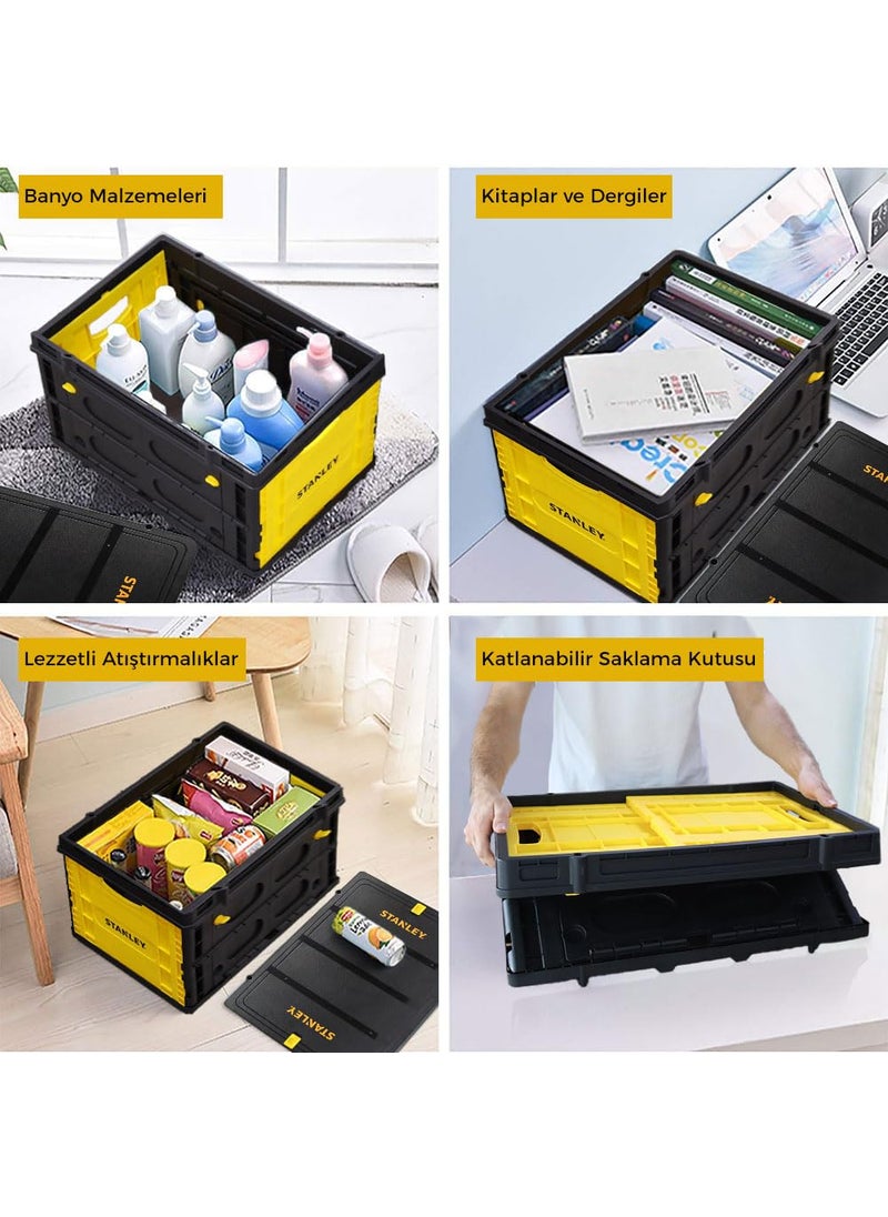 Stanley - Stanley SXWT-FB533L-SP Folding Utility Basket,25kg Load Capacity, ABS Lid,Retractable Placement Pins for Easy & Stable Double or Triple Stacking, Open Dimn: 56.9x41x33 cm, Folded Dimn: 56.9x41x9.6 cm - Image 1