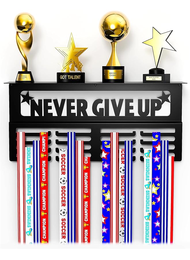 promass Medal Hanger Display, Holds 64 + Sports Medals Trophy Shelf, Metal Awards Rack for Walls, Our Never Give Up 16" Trophy and Medal Display Shelf, Black - Image 1
