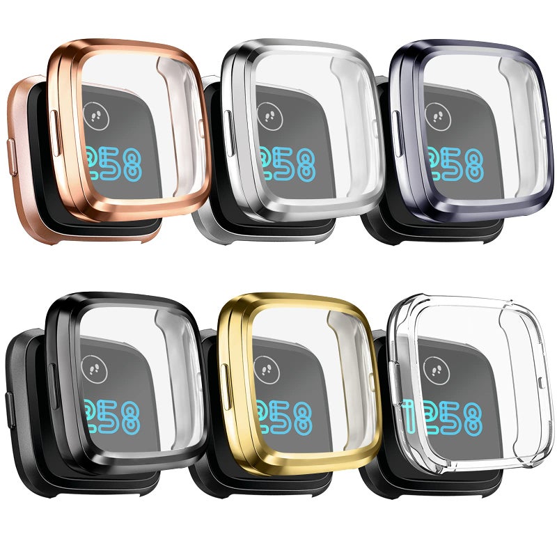 Mugust [6 Pack] Screen Protector Compatible with Fitbit Versa 2 Case, TPU Plated Full Around Protective Case Cover (Black, Space Gray, Silver, Rose Gold, Soft Gold, Clear) - Image 1