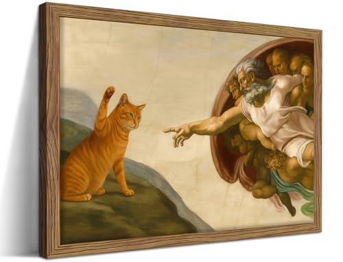 AKWISH Framed Vintage Cat Canvas Wall Art Funny Orange Cat Parody Classic Masterpiece Prints RenaissanceInspired Animal Artwork Retro Humorous Wall Decor for Living Room Bedroom Playroom 12x16 inch - Image 1