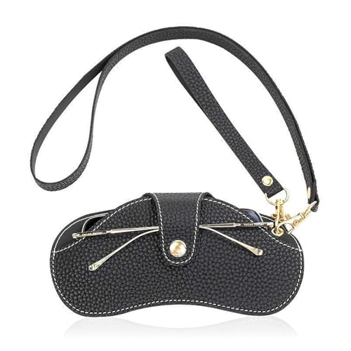 TORMEN Portable Soft Leather Sunglasses Case Glasses Holder Portable with Keychain Hook Lightweight Slim Metal Snap Closure Versatile Eyeglass Pouch for Types(Black wrist and neck strap) - Image 1
