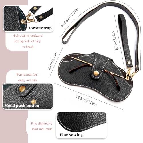 TORMEN Portable Soft Leather Sunglasses Case Glasses Holder Portable with Keychain Hook Lightweight Slim Metal Snap Closure Versatile Eyeglass Pouch for Types(Black wrist and neck strap) - Image 2