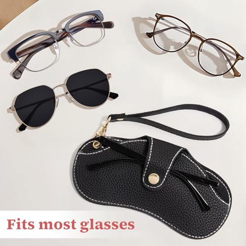 TORMEN Portable Soft Leather Sunglasses Case Glasses Holder Portable with Keychain Hook Lightweight Slim Metal Snap Closure Versatile Eyeglass Pouch for Types(Black wrist and neck strap) - Image 3