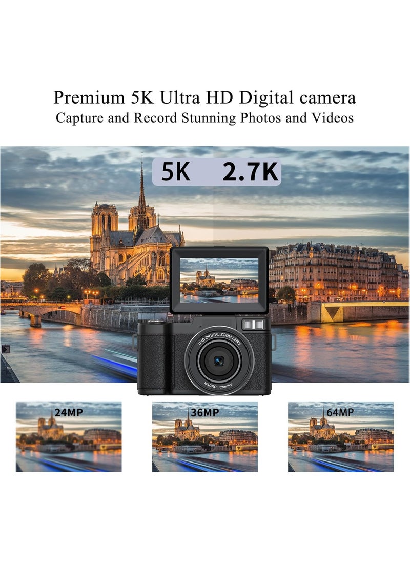 KADIP 5K Digital Camera for Photography 64MP Auto-Focus Vlogging Camera for YouTube 3" 180° Flip Screen Compact Travel 18X Digital Zoom, Anti-Shake, Wide-Angle & Macro Lens, 2 Batteries & 64GB TF Card  - Image 2
