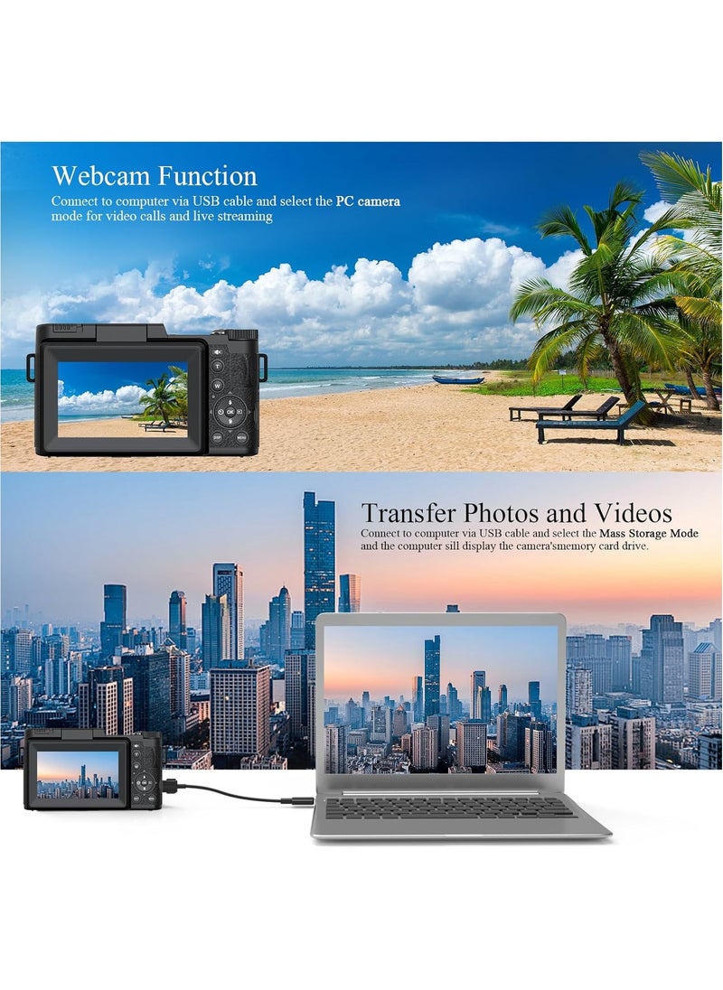 5K Digital Camera for Photography 64MP Auto-Focus Vlogging Camera for YouTube 3" 180° Flip Screen Compact Travel 18X Digital Zoom, Anti-Shake, Wide-Angle & Macro Lens, 2 Batteries & 64GB TF Card