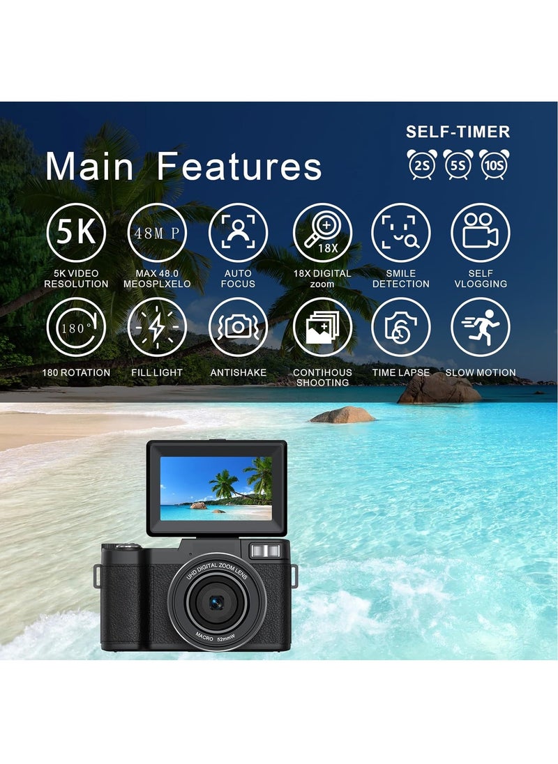 5K Digital Camera for Photography 64MP Auto-Focus Vlogging Camera for YouTube 3" 180° Flip Screen Compact Travel 18X Digital Zoom, Anti-Shake, Wide-Angle & Macro Lens, 2 Batteries & 64GB TF Card