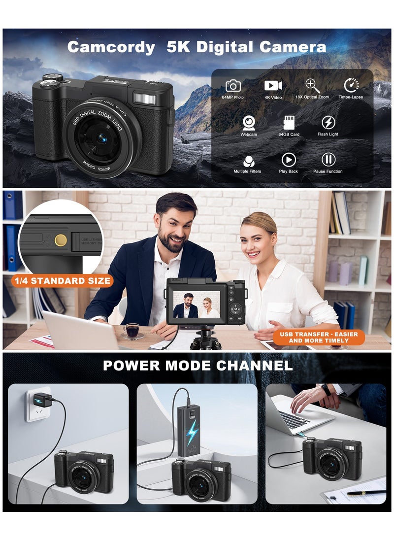 5K Digital Camera for Photography 64MP Auto-Focus Vlogging Camera for YouTube 3" 180° Flip Screen Compact Travel 18X Digital Zoom, Anti-Shake, Wide-Angle & Macro Lens, 2 Batteries & 64GB TF Card
