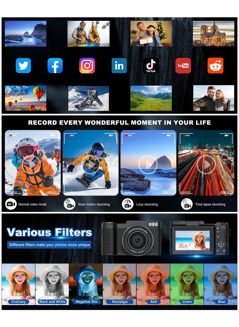 5K Digital Camera for Photography 64MP Auto-Focus Vlogging Camera for YouTube 3" 180° Flip Screen Compact Travel 18X Digital Zoom, Anti-Shake, Wide-Angle & Macro Lens, 2 Batteries & 64GB TF Card
