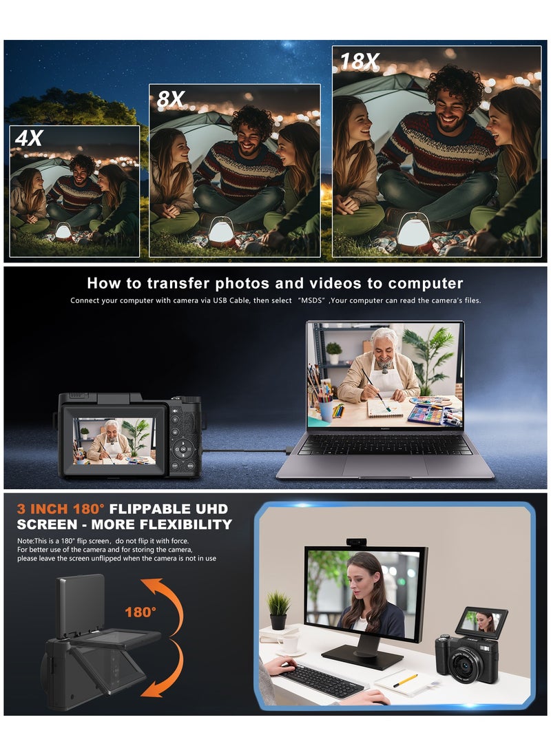 5K Digital Camera for Photography 64MP Auto-Focus Vlogging Camera for YouTube 3" 180° Flip Screen Compact Travel 18X Digital Zoom, Anti-Shake, Wide-Angle & Macro Lens, 2 Batteries & 64GB TF Card