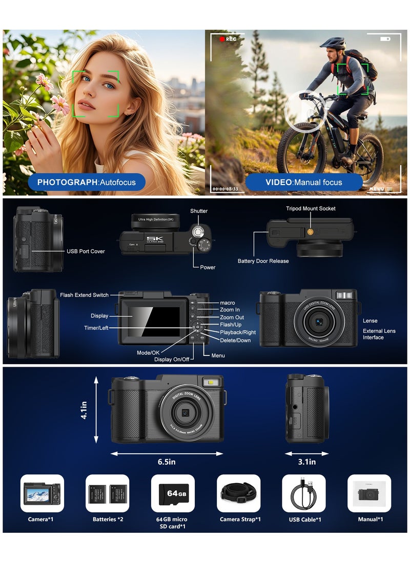 5K Digital Camera for Photography 64MP Auto-Focus Vlogging Camera for YouTube 3" 180° Flip Screen Compact Travel 18X Digital Zoom, Anti-Shake, Wide-Angle & Macro Lens, 2 Batteries & 64GB TF Card