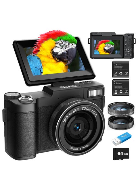 5K Digital Camera for Photography 64MP Auto-Focus Vlogging Camera for YouTube 3" 180° Flip Screen Compact Travel 18X Digital Zoom, Anti-Shake, Wide-Angle & Macro Lens, 2 Batteries & 64GB TF Card