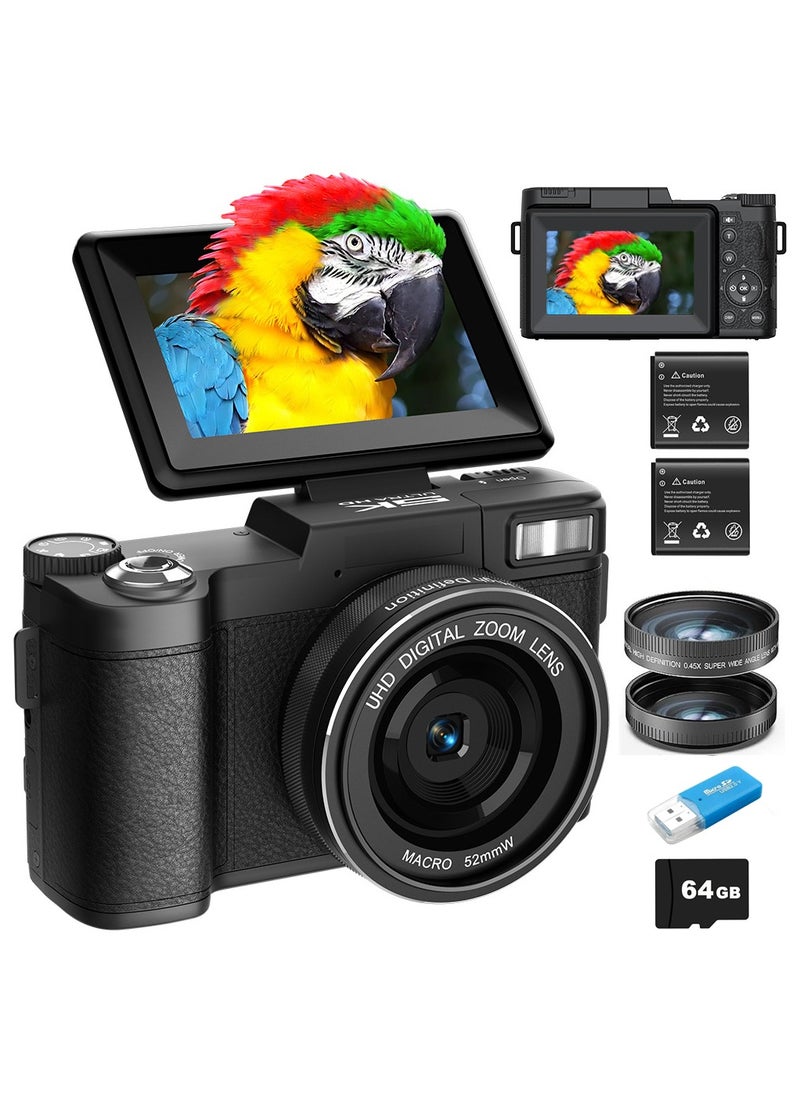 KADIP 5K Digital Camera for Photography 64MP Auto-Focus Vlogging Camera for YouTube 3" 180° Flip Screen Compact Travel 18X Digital Zoom, Anti-Shake, Wide-Angle & Macro Lens, 2 Batteries & 64GB TF Card  - Image 1