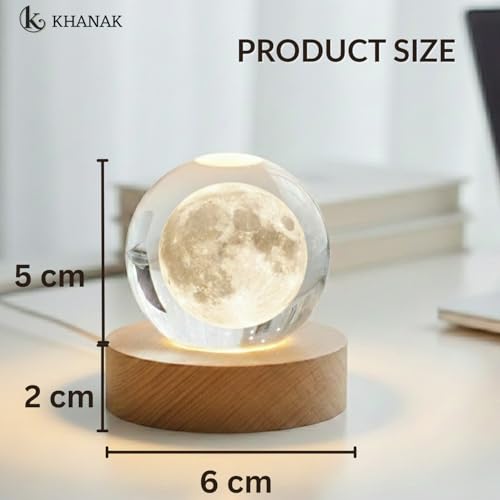 KHANAK Universe Crystal Ball Night Light,3D Glass Ball Night LED Lamp with Woodern Base,Colorful LED Wooden Crystal Ball for Home Decoration Birthday Gift for Teens Boys andGirls (Moon) - Image 2