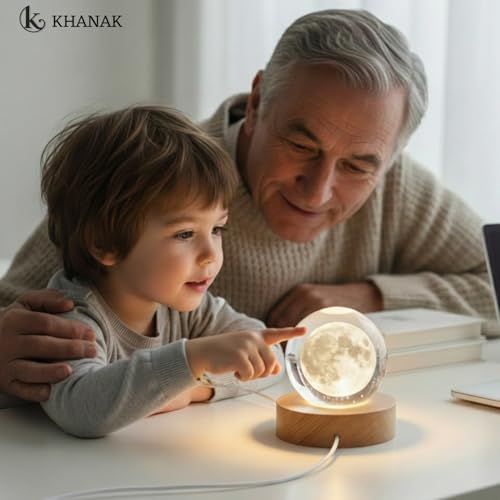 KHANAK Universe Crystal Ball Night Light,3D Glass Ball Night LED Lamp with Woodern Base,Colorful LED Wooden Crystal Ball for Home Decoration Birthday Gift for Teens Boys andGirls (Moon) - Image 3
