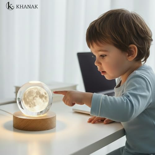 KHANAK Universe Crystal Ball Night Light,3D Glass Ball Night LED Lamp with Woodern Base,Colorful LED Wooden Crystal Ball for Home Decoration Birthday Gift for Teens Boys andGirls (Moon) - Image 5