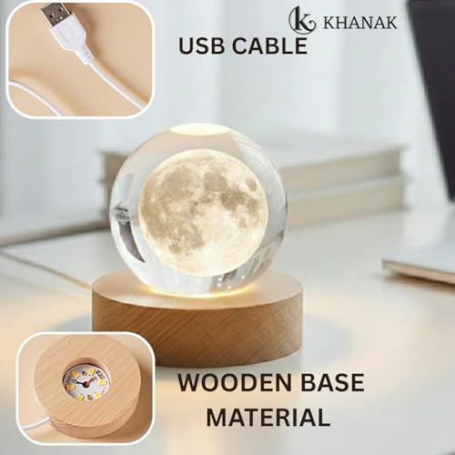 KHANAK Universe Crystal Ball Night Light,3D Glass Ball Night LED Lamp with Woodern Base,Colorful LED Wooden Crystal Ball for Home Decoration Birthday Gift for Teens Boys andGirls (Moon) - Image 4