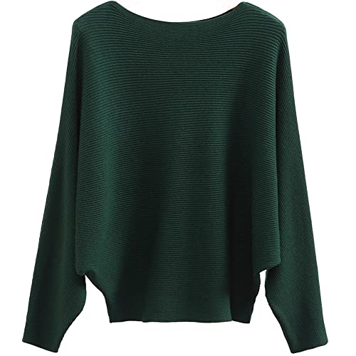 Ckikiou Womens Lightweight Oversized Boat Neck Sweaters Tops Dolman Batwing Sleeve Ribbed Knitted Pullovers Green - Image 1