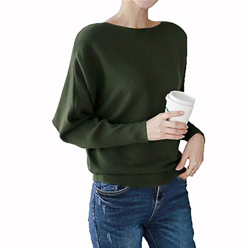 Ckikiou Womens Lightweight Oversized Boat Neck Sweaters Tops Dolman Batwing Sleeve Ribbed Knitted Pullovers Green - Image 2