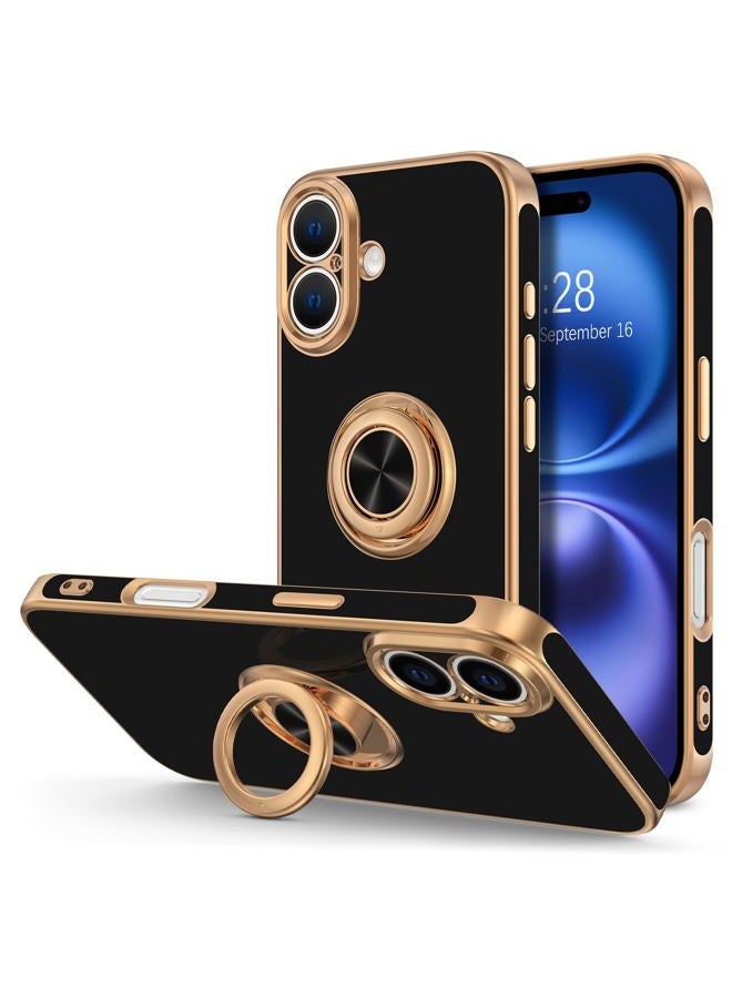 Hython Case for iPhone 16 Case with Ring Stand, 360° Rotatable Ring Holder Magnetic Kickstand, Plating Rose Gold Edge Soft Cover Protective Phone Case for iPhone 16 6.1", Black - Image 1