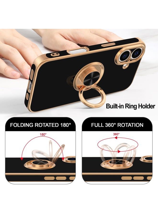 Hython Case for iPhone 16 Case with Ring Stand, 360° Rotatable Ring Holder Magnetic Kickstand, Plating Rose Gold Edge Soft Cover Protective Phone Case for iPhone 16 6.1", Black - Image 4
