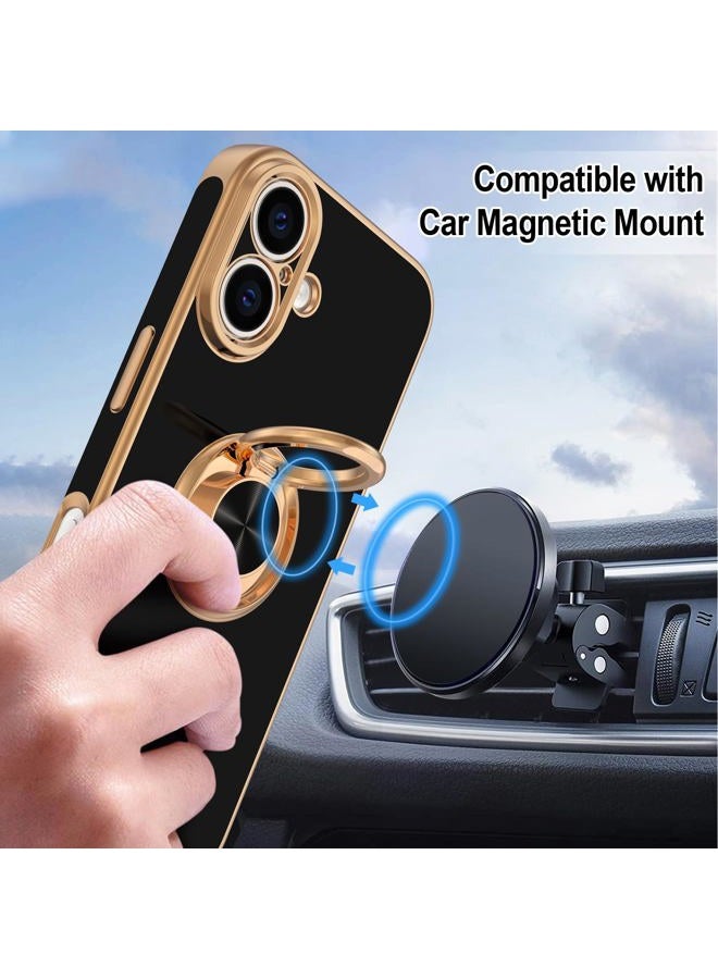 Hython Case for iPhone 16 Case with Ring Stand, 360° Rotatable Ring Holder Magnetic Kickstand, Plating Rose Gold Edge Soft Cover Protective Phone Case for iPhone 16 6.1", Black - Image 5